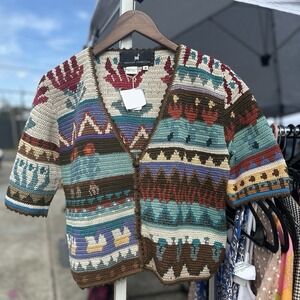 Vintage 90s Peruvian Connection Short Sleeve Cardigan Sweater Aztec Women's Sz M